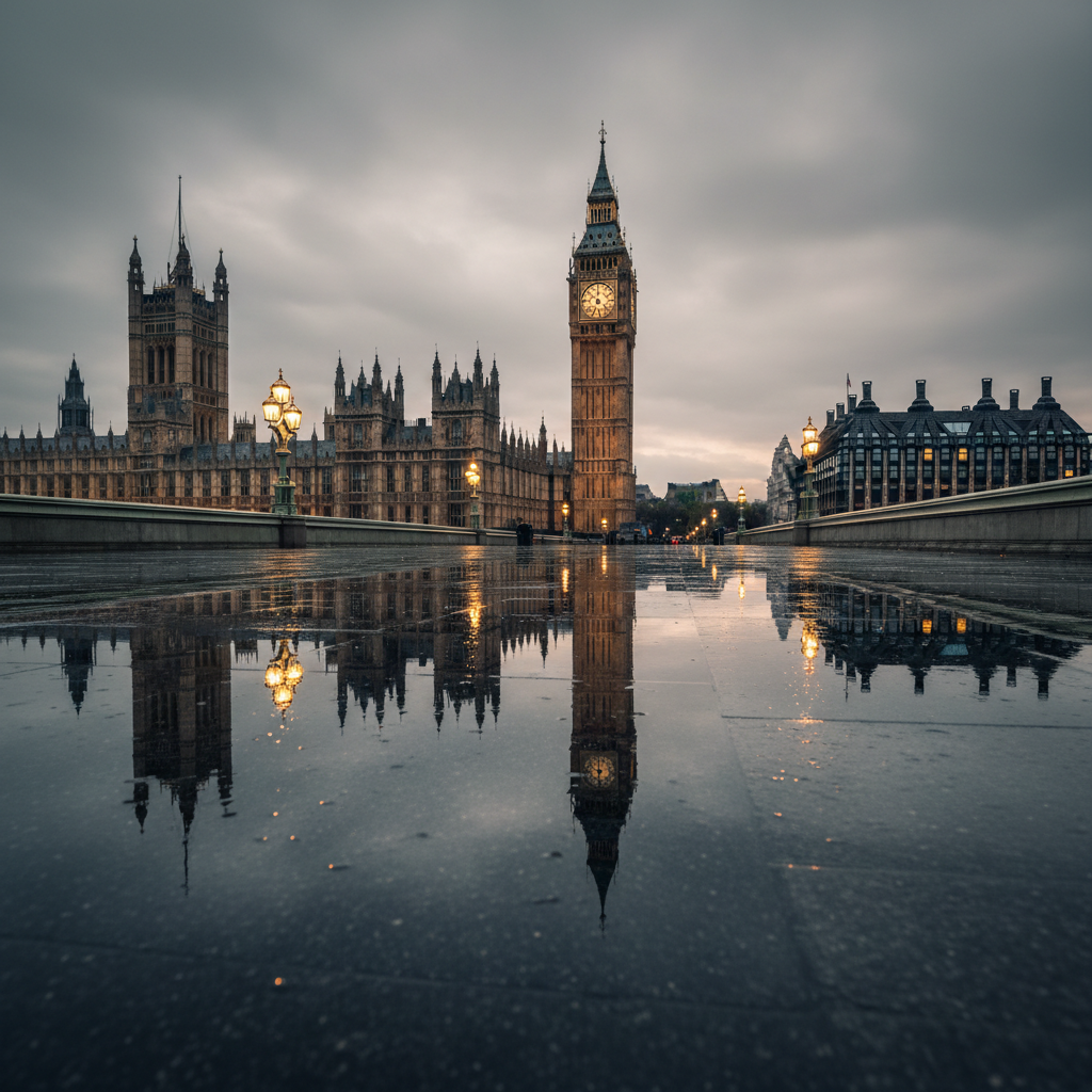 A wide, photographic shot of the Houses of Parliament and Big Ben at dusk, rendered without any people or vehicles, reflected crisply in a rain-slicked embankment surface in the foreground. The sky is heavy and overcast with a faint warm glow near the horizon, while streetlights cast small pools of amber light that glimmer on the wet stone. The camera is positioned low to the ground to emphasise the reflection, creating a dramatic, symmetrical composition. The mood is serious, atmospheric, and slightly tense, suggesting weighty, unspoken debates. The style is clean, high-resolution realism with subdued, professional colours that reinforce the gravity of British political conversations.