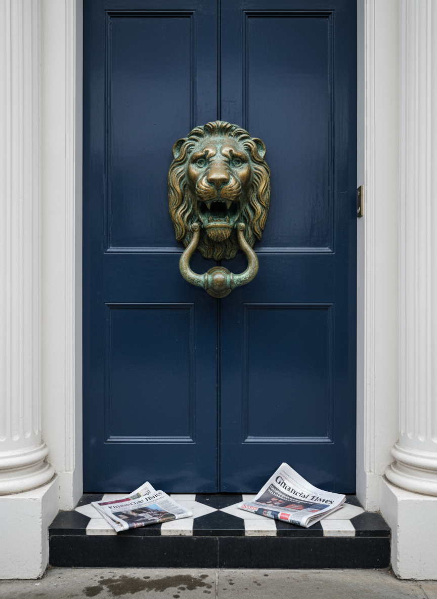 A highly detailed close-up of a weathered brass door knocker shaped like a lion’s head mounted on a deep, dark-blue painted townhouse door, symbolising the entrance to power in British politics. The door is framed by fluted white columns and a black-and-white checkerboard step, with scattered folded newspapers at the threshold. Overcast London daylight creates diffused, cool-toned lighting, casting soft shadows in the lion’s intricate mane. Shot at eye level with a shallow depth of field so the background terrace houses fade into a gentle blur. The mood is serious and investigative, with crisp photographic realism and a clean, modern composition that hints at the conversations happening behind closed doors.