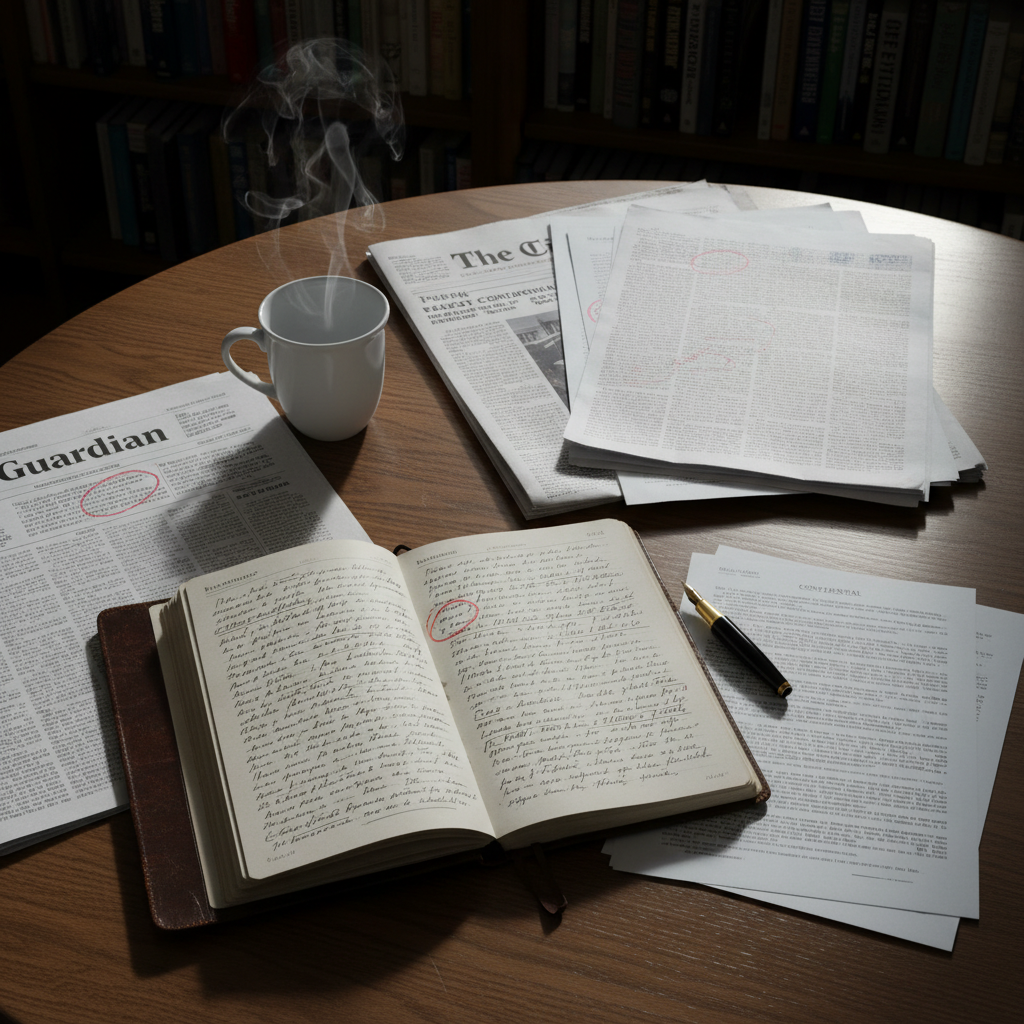 An overhead photographic view of a polished oak table in a quiet study, covered with neatly arranged broadsheet newspapers, annotated policy documents, and a well-used leather-bound notebook opened to a page of dense handwritten notes about British politics. A steaming, plain white ceramic mug sits near the notebook, leaving a subtle ring on the wood. Soft, cool daylight filters in from an unseen sash window, creating gentle, directional light and long, delicate shadows from a fountain pen and paper edges. The mood is analytical and contemplative, with sharp focus and minimal clutter. The composition follows the rule of thirds, conveying a professional, investigative newsroom aesthetic without any human presence.
