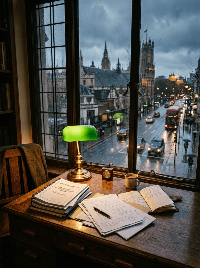 Study desk with papers, a cup, and a green lamp by a window showing rainy city street and historic architecture