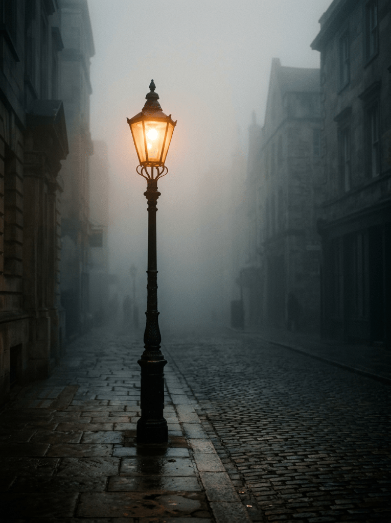 Lit vintage lamppost on a foggy cobblestone street surrounded by old buildings