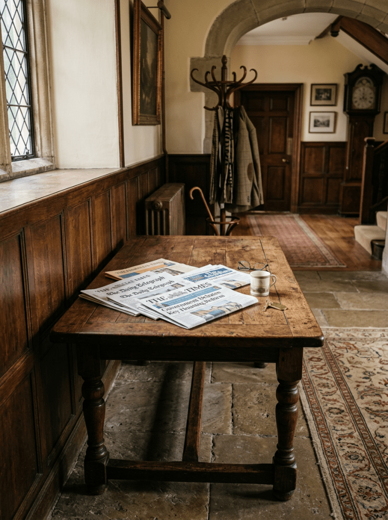 Wooden table with newspapers, reading glasses, and a cup in a traditional hallway